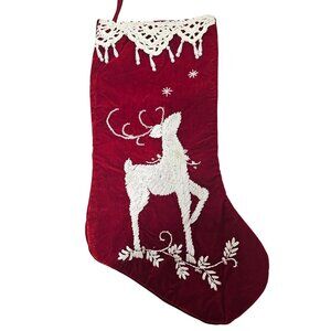 Red Velvet Christmas Stocking 18" handsewn ribbon reindeer lace beaded 2003 vtg